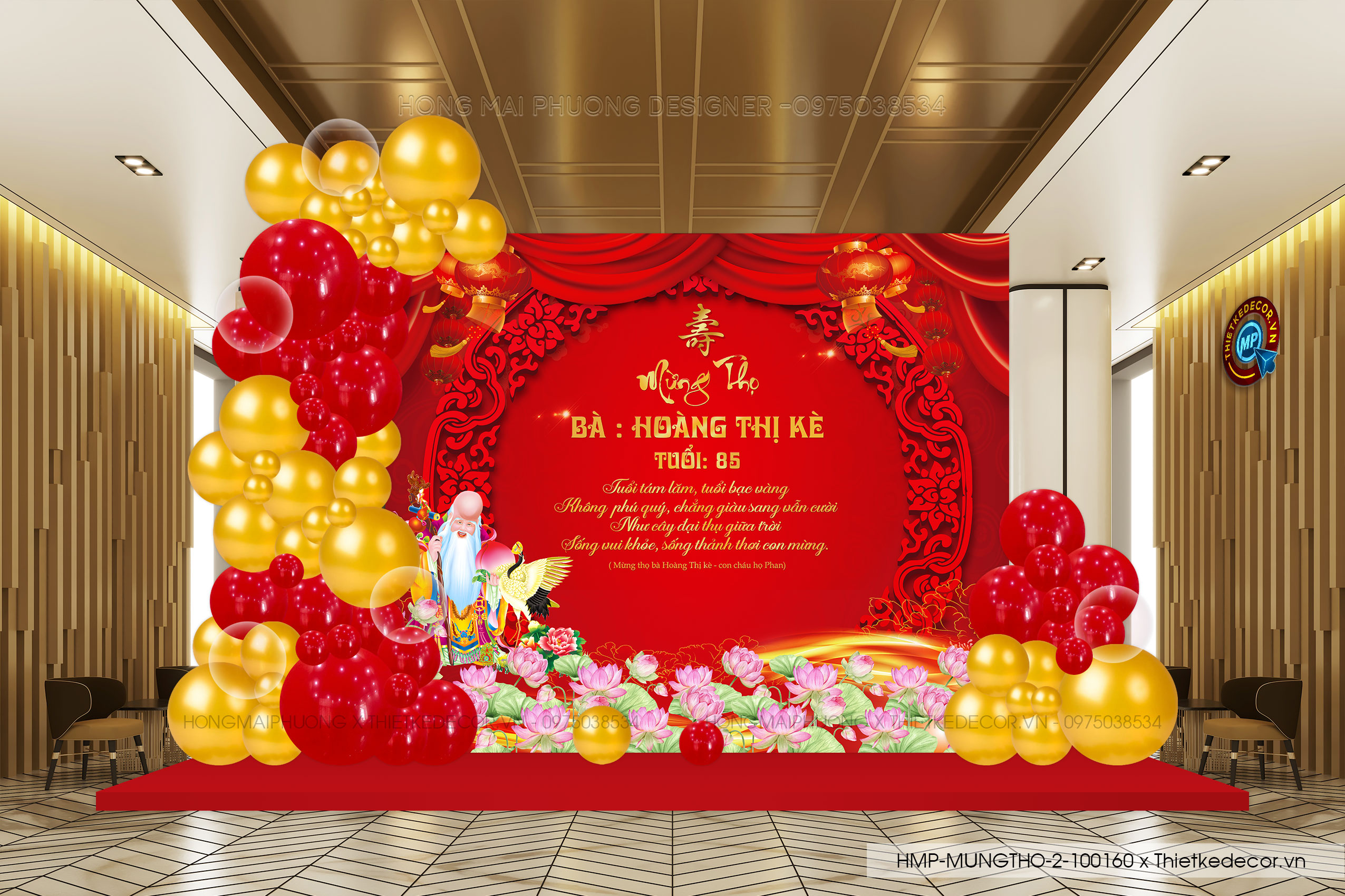 File thiết kế trang trí tiệc mừng thọ tone đỏ vàng sang trọng